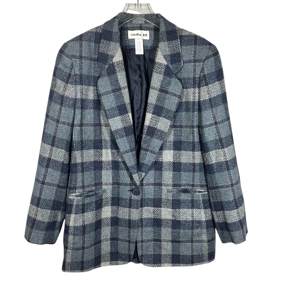 STUDIO 32 Vintage Women's 14 Denim Blues Plaid Wool Blend Blazer